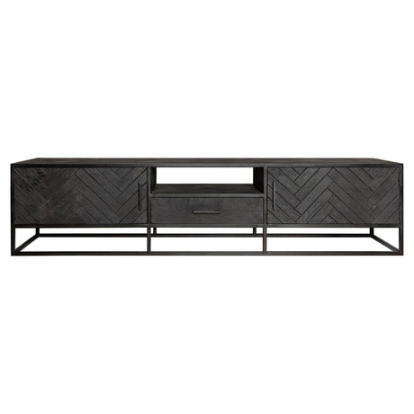 Industrieel zwart tv-meubel van mangohout met visgraatpatroon, 210 cm breed