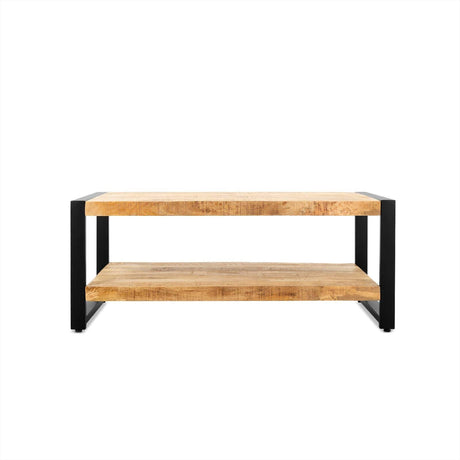 Industriële salontafel van mangohout, 110 cm, met legplank en stalen frame