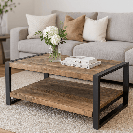 Industriële salontafel van mangohout, 110 cm, met legplank en stalen frame, foto 3