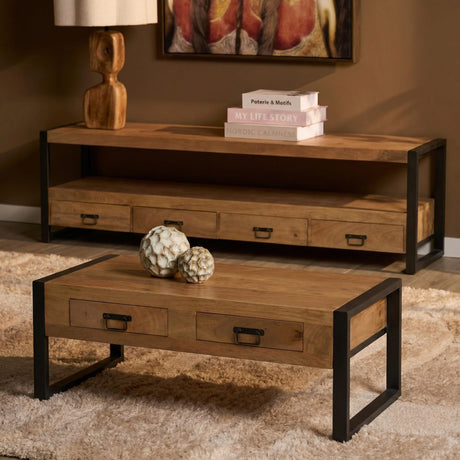 Industriële salontafel van naturel mangohout, 120 cm breed, met 2 lades