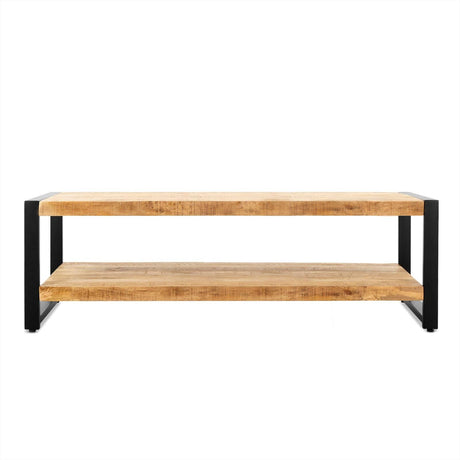 Industriële salontafel van mangohout, 140 cm, met legplank en zwart stalen frame