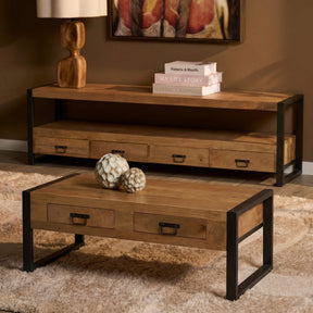 Industriële Salontafel - Naturel Mangohout - 120 cm - Twee Lades Coffee Tables Starfurn