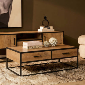 Industriële salontafel van naturel mangohout, 130 cm breed