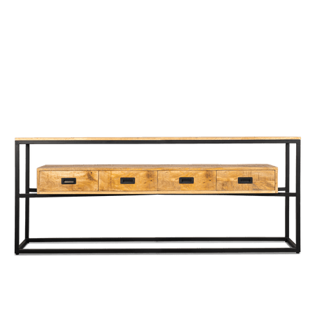 Industriële sidetable van mangohout met 4 laden en stalen frame, 180 cm breed, ook als wandtafel
