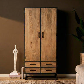 Kabinet - Naturel - Mangohout - 90 cm - 2 Deuren - 4 Lades Double Wardrobes Starfurn
