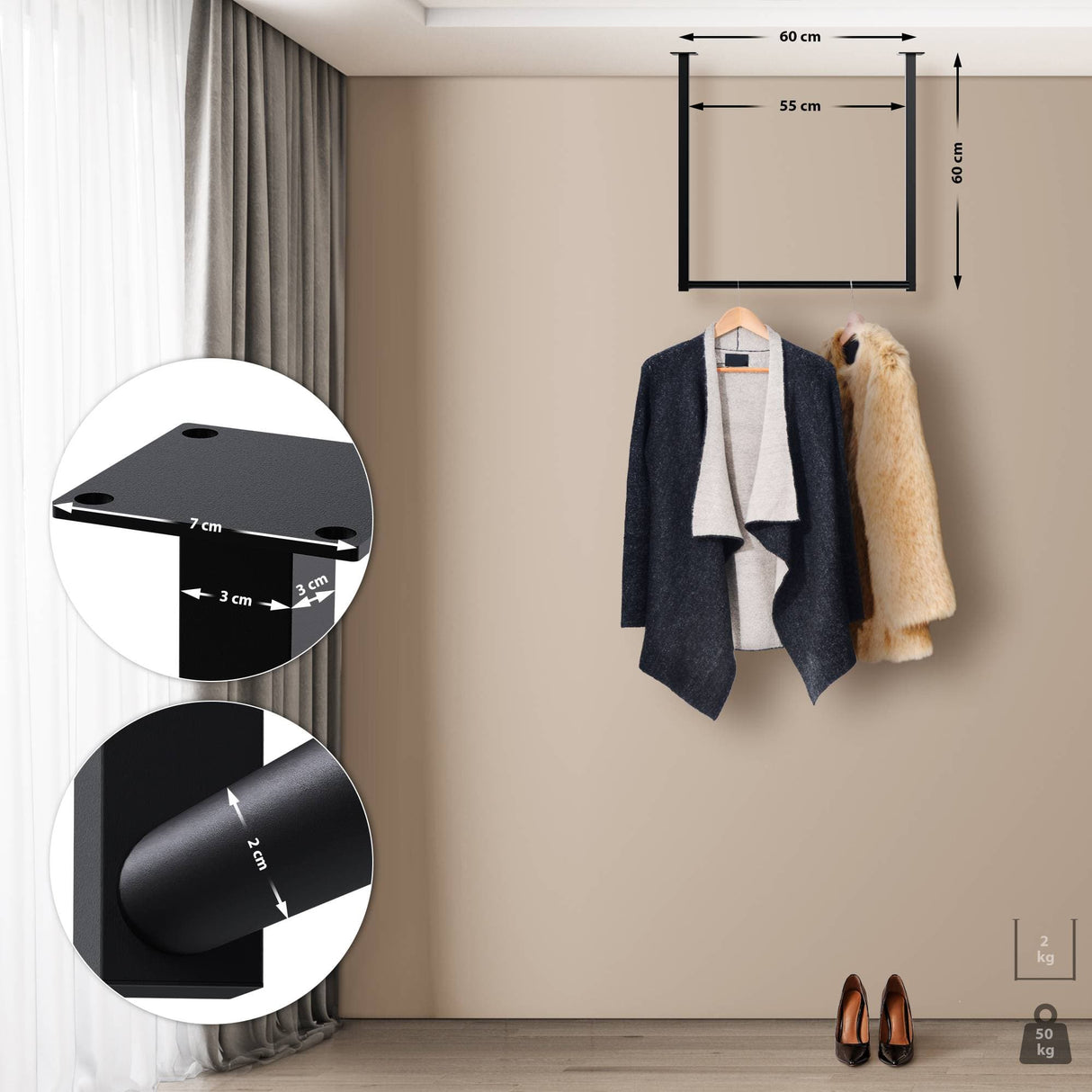 Kledingstang Fenton Zwart – Wand- en Plafondmontage – Metaal – Modern Design Kapstok Knuska