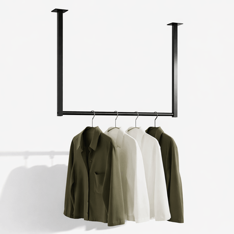 Kledingstang in zwart van metaal, voor wand- en plafondmontage, modern design
