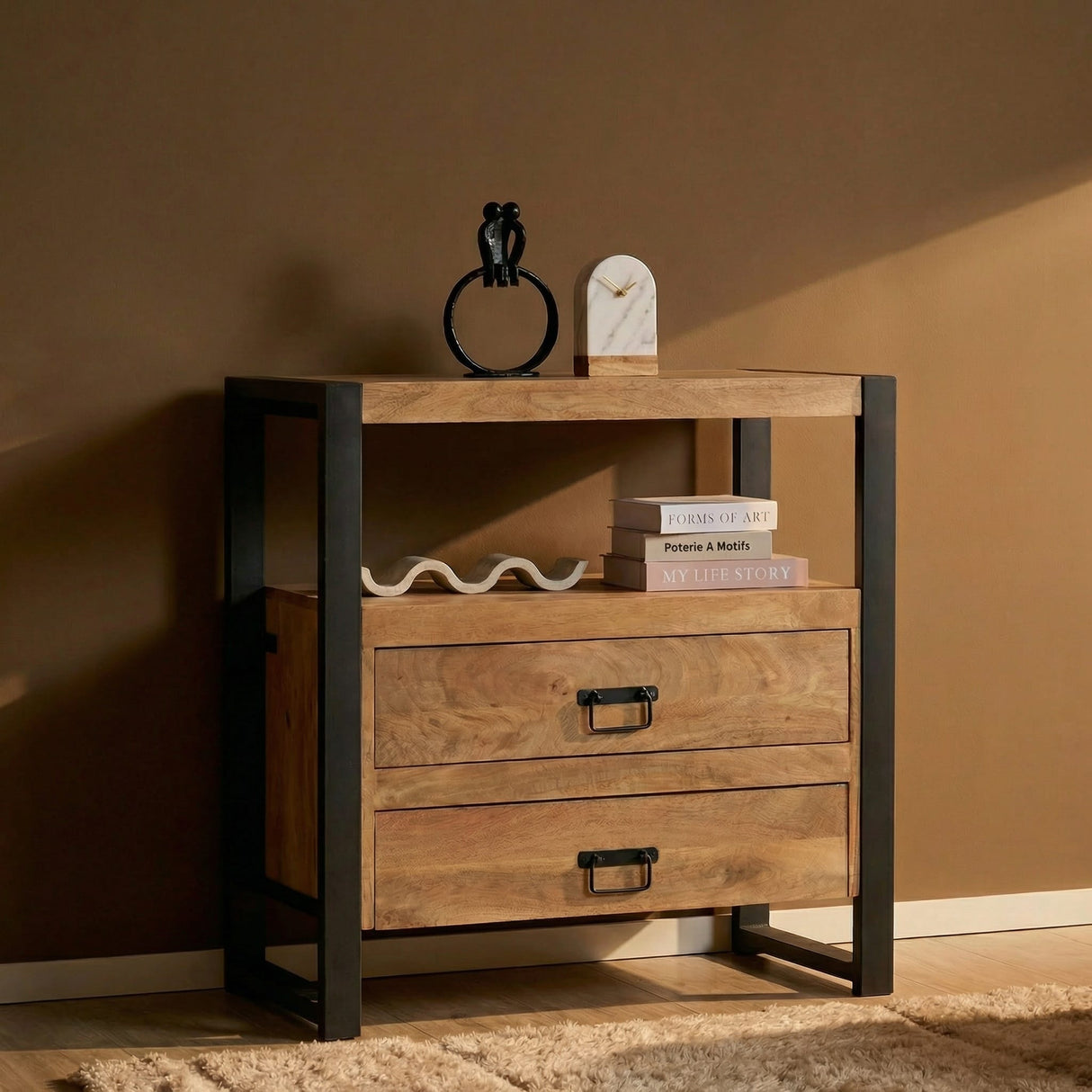 Ladenkast - Naturel Mangohout - 80x80 cm - 2 Laden & Open Vak Storage Cabinets & Lockers Starfurn