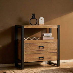 Ladenkast - Naturel Mangohout - 80x80 cm - 2 Laden & Open Vak Storage Cabinets & Lockers Starfurn