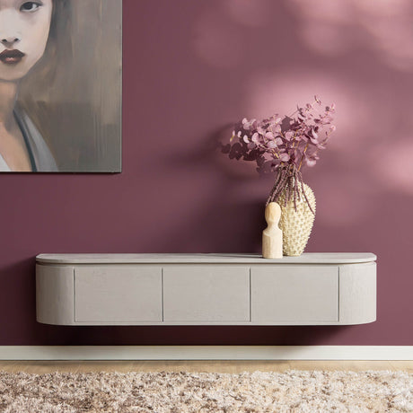 Modern taupekleurig tv-meubel van mangohout, 160 cm breed, zwevend of staand