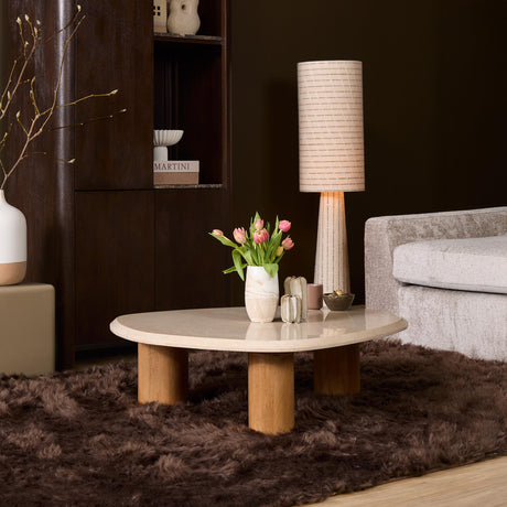 Organisch gevormde salontafel van naturel mangohout met marmeren blad, 100 cm