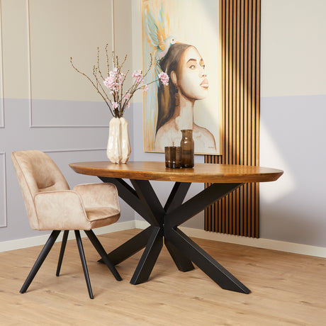 Ovale eettafel van massief mangohout, 180 cm, met zwarte metalen matrixpoot