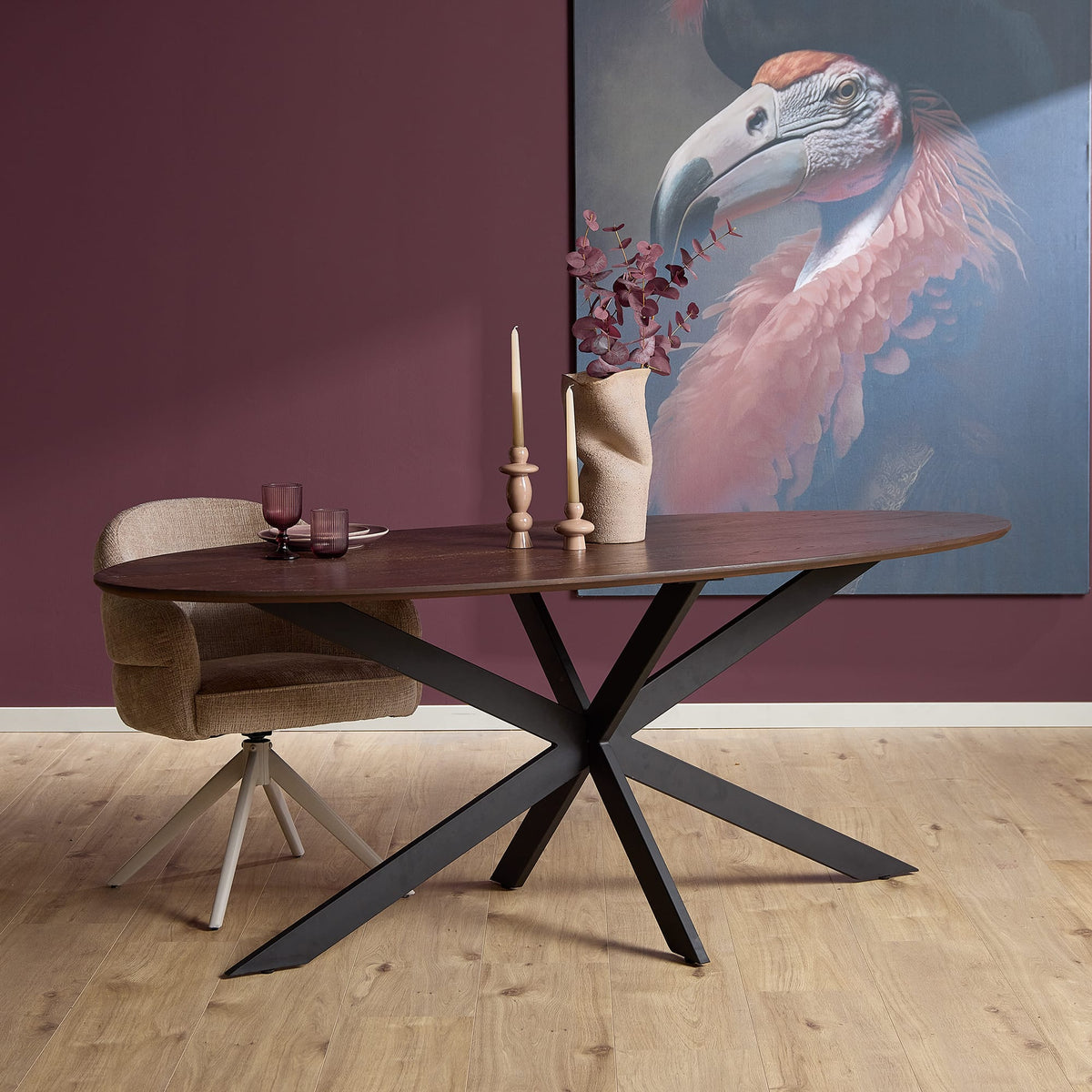 Ovale eettafel met massief eiken blad en stalen onderstel, 240 cm