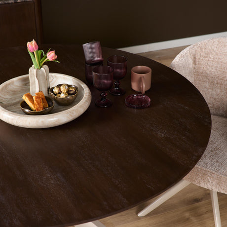 Ronde eettafel van bruin mangohout, 130 cm, met zandkleurige metalen spiderpoot, foto 4