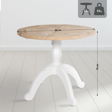 Ronde eettafel van massief hout in naturel en wit, 90 cm, landhuisstijl, foto 2