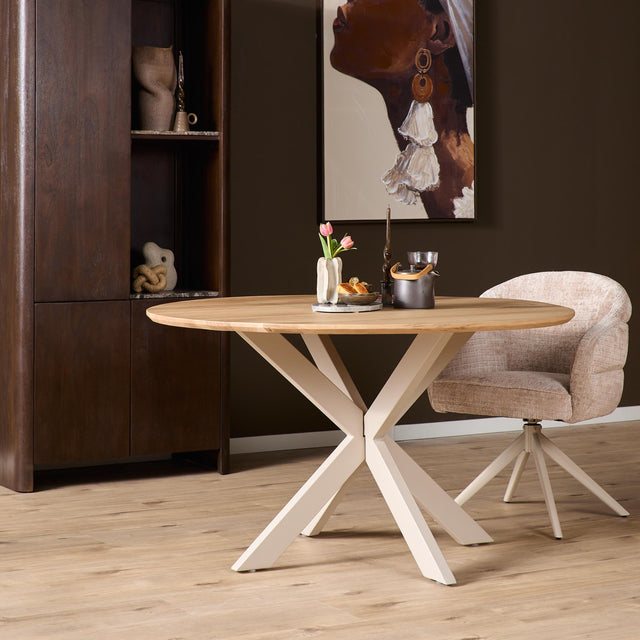 Ronde Eettafel - Naturel Eikenhout - 130 cm - Zandkleurige Poot Kitchen & Dining Room Tables Starfurn