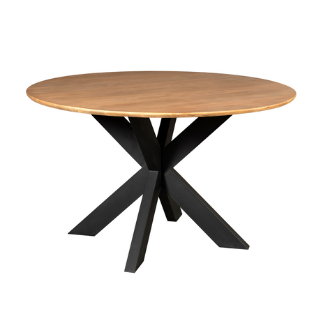 Ronde eettafel van naturel mangohout, 130 cm, met zwarte matrixpoot