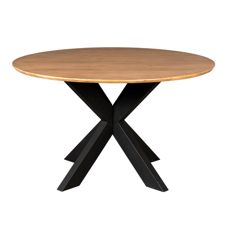 Ronde eettafel van naturel mangohout, 150 cm, met zwarte matrixpoot