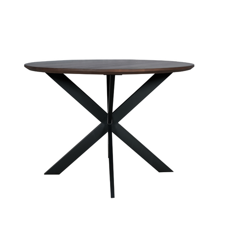 Ronde eettafel van walnootkleurig mangohout, 150 cm, met zwarte stalen designpoot