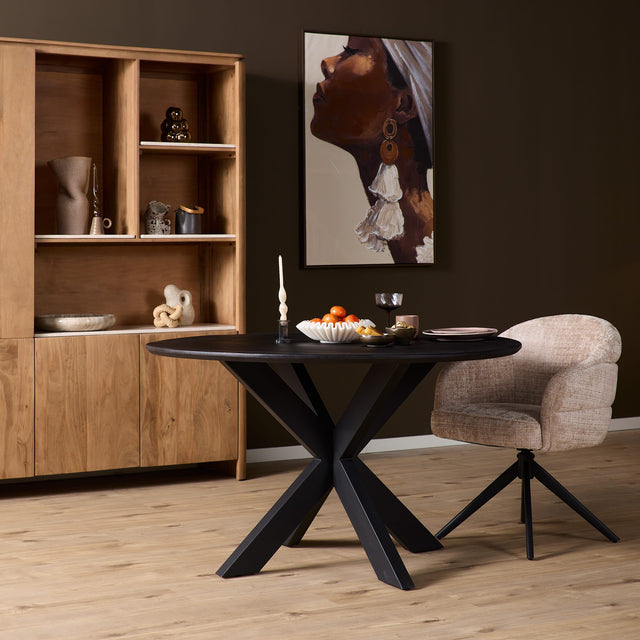 Ronde eettafel met massief eiken blad en stalen onderstel, Ø 130 cm