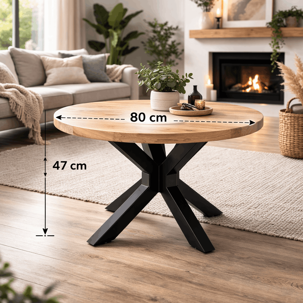 Ronde Industriële Salontafel - 80 cm - Mangohout - Stalen Onderstel Coffee Tables Benoa