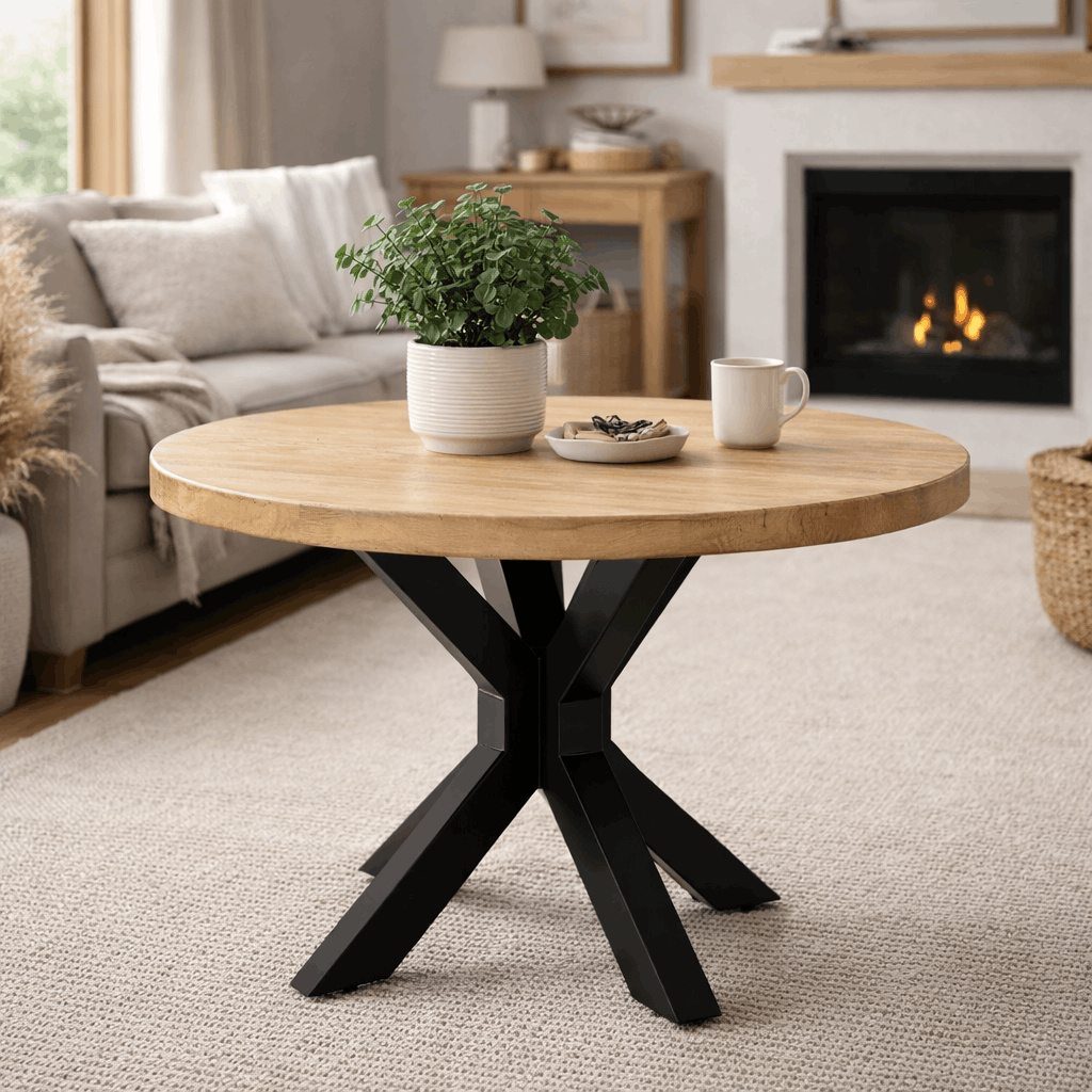 Ronde Industriële Salontafel - 80 cm - Mangohout - Stalen Onderstel Coffee Tables Benoa
