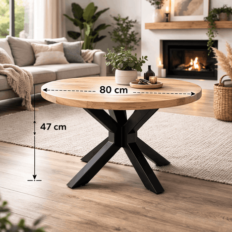 Ronde industriële salontafel van mangohout, 80 cm, met stalen onderstel, foto 4