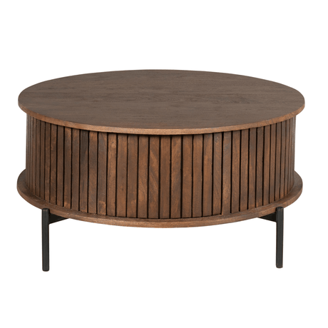 Ronde salontafel van bruin mangohout, 80 cm, met verticaal lattenpatroon en 2 lades, foto 4