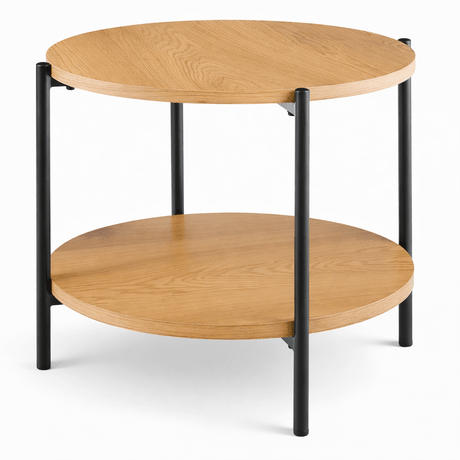 Kleine ronde salontafel van hout met zwart metaal, 50 cm, modern design