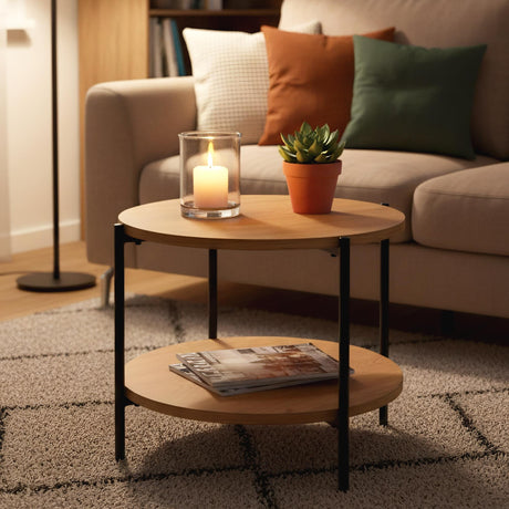 Kleine ronde salontafel van hout met zwart metaal, 50 cm, modern design, foto 2
