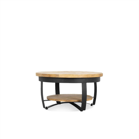 Industriële ronde salontafel van mangohout, 65 cm, met onderplank en metalen frame, foto 2
