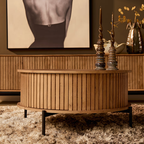 Ronde salontafel van naturel mangohout met verticaal lattenpatroon, 80 cm, foto 2