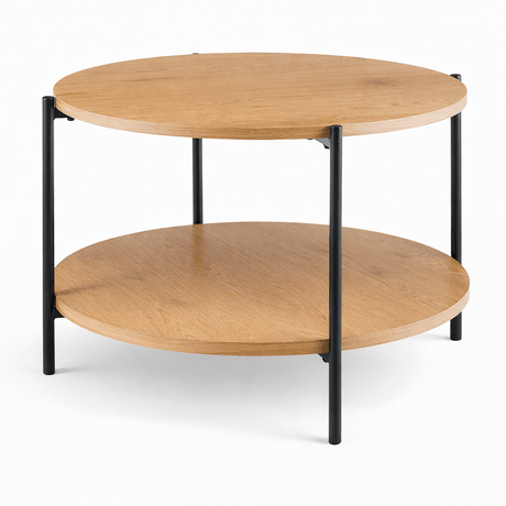 Set van 2 grote ronde salontafels van hout met zwart metaal, 80 cm, modern design