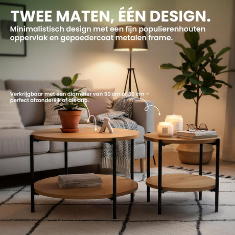 Set van 2 grote ronde salontafels van hout met zwart metaal, 80 cm, modern design, foto 4
