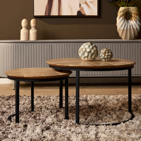 Set van 2 ronde salontafels (70 en 50 cm) van naturel eikenhout met zwart metalen onderstel, foto 2
