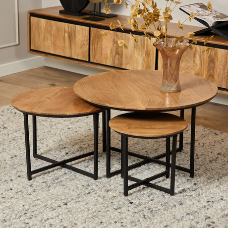 Set van 3 ronde salontafels van naturel mangohout, 70 cm
