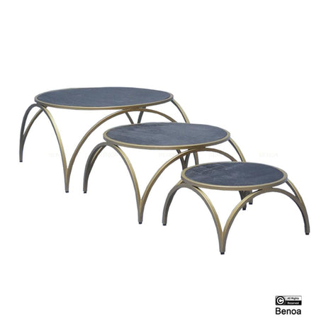 Set van 3 ronde salontafels van naturel mangohout met messing finish