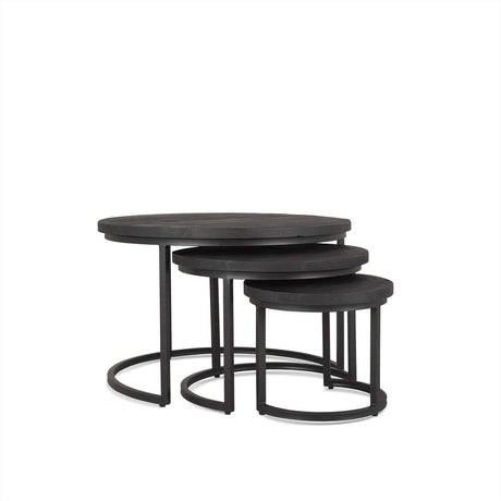 Set van 3 ronde zwarte nesting-salontafels van mangohout en staal