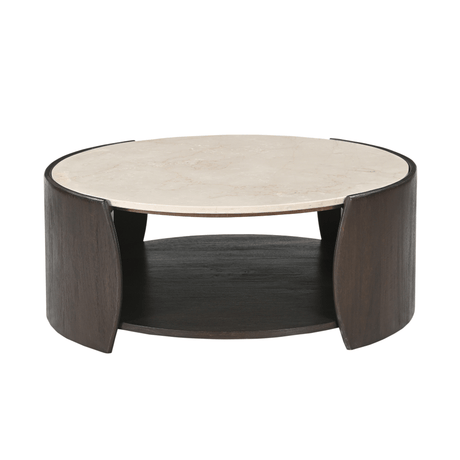 Salontafel met blad van Botticino marmer en donker houten onderstel, 80 cm, foto 2