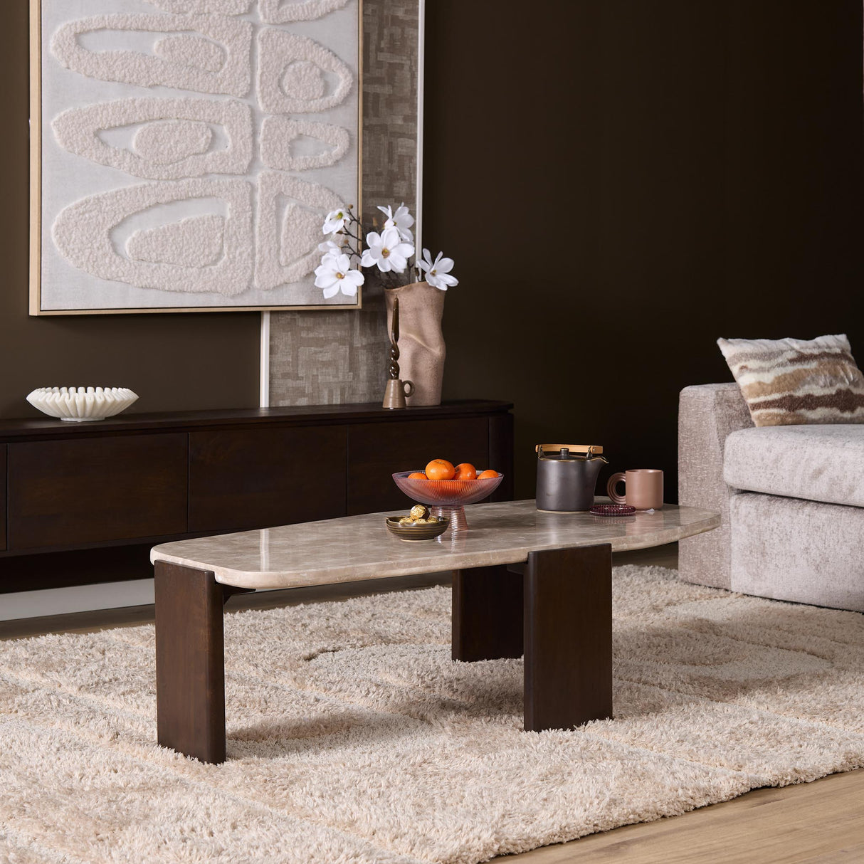 Salontafel - Bruin - Marmer - Mangohout - 130 cm - Organisch Coffee Tables Starfurn