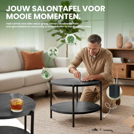 Salontafel Edduma Rond klein – Hout & Zwart Metaal – Modern Design - 50cm Coffee Tables Knuska