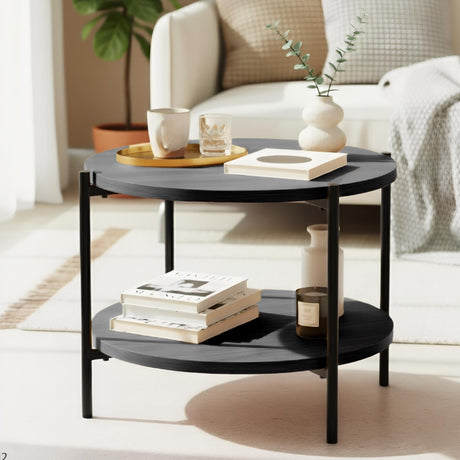 Salontafel Edduma Rond klein – Hout & Zwart Metaal – Modern Design - 50cm Coffee Tables Knuska