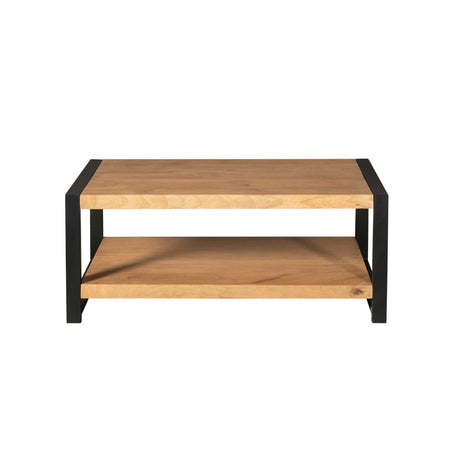Salontafel van mangohout met onderblad en zwarte metalen poten, 110 cm, foto 3