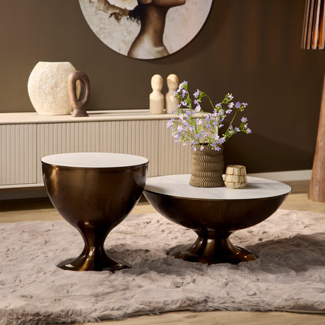 Set van 2 salontafels met wit marmerlook blad en goudkleurig stalen frame