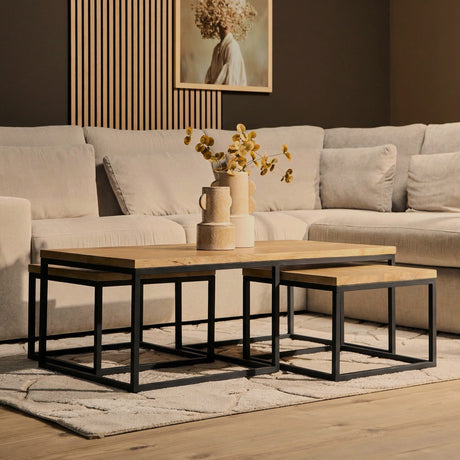 Set van 3 rechthoekige salontafels van naturel mangohout met industrieel frame