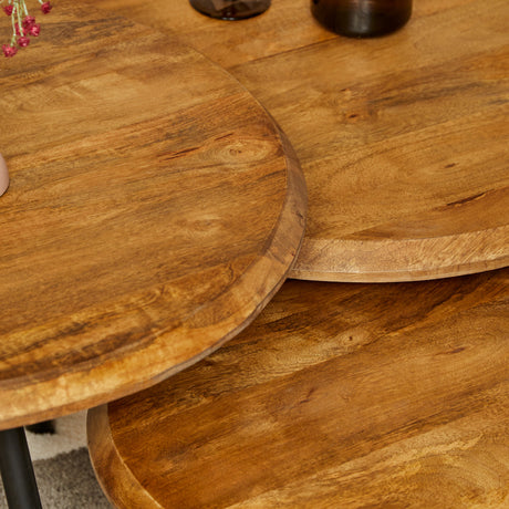 Set van 3 ronde salontafels met mangohouten bladen en metalen poten, Ø 70 cm, foto 2