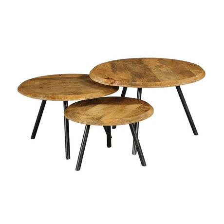 Set van 3 ronde salontafels met mangohouten bladen en metalen poten, Ø 70 cm, foto 3