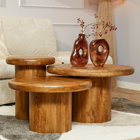 Set van 3 ronde salontafels van massief mangohout, Ø 70 cm