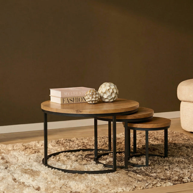 Salontafel-set - Rond - Naturel - Mangohout - 70 cm Coffee Tables Starfurn