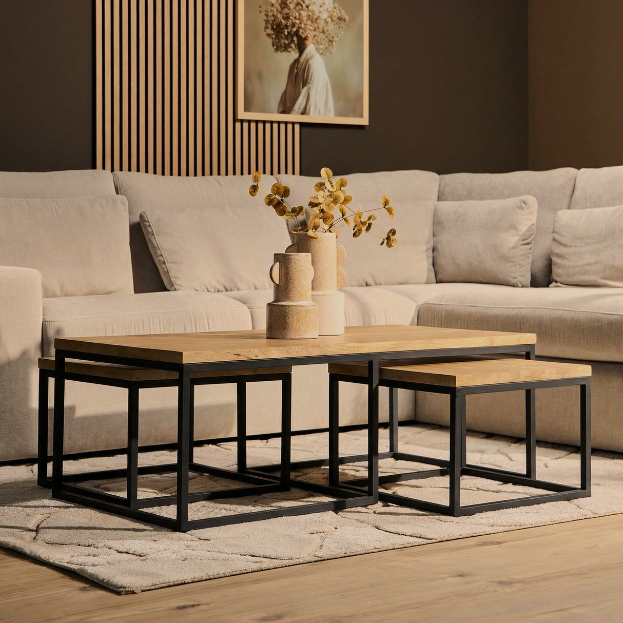 Salontafel set van 3 - Naturel Mangohout - Rechthoekig - Industrieel Frame Coffee Tables Starfurn